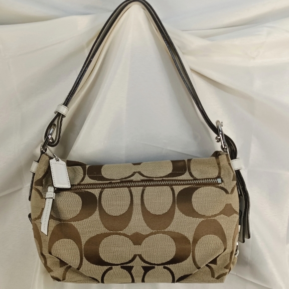 Coach Handbags - Coach Signature Khaki Brown White Jacquard Convertible Duffle Bag Purse F15068